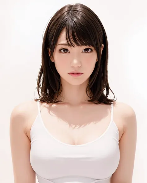 best quality, photorealistic, 8k, high res, 1girl, woman, (skindentation), (portrait:0.6), gorgeous, ((whitebackground:1.8)), ((smallsize round breast, sleeveless white tshirt:1.75)), straight-looking at viewer:1.8, (1girl eyes looking at viewer, medium-length hair, brownhair, partedbangs:1.65), photorealistic, (bokeh), (closed mouth:1.46), gorgeous, pureerosface_v1, <lora:AVID-airi:0.65>