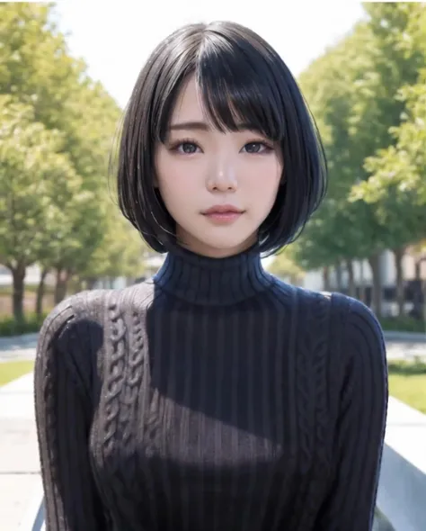 pureerosface_v1:0.3, best quality, photorealistic, 8k, high res, full color, 1girl, woman, 20 years old woman, closed mouth, (skindentation), (portrait:0.6), trees, park bench, daylight, ((park background:1.52)), full color, ((necksweater:1.68)), looking at viewer:1.8, (1girl eyes looking at viewer:1.55), (short-length hair, blackhair, partedhair:1.45), (bokeh), <lora:AAV-airi2:0.7>