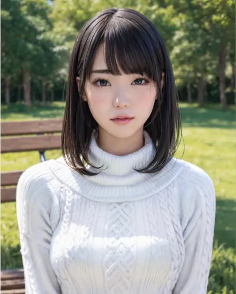 pureerosface_v1:0.3, best quality, photorealistic, 8k, high res, full color, 1girl, woman, 20 years old woman, closed mouth, (skindentation), (portrait:0.6), trees, park bench, daylight, ((park background:1.52)), full color, ((necksweater:1.68)), looking at viewer:1.8, (1girl eyes looking at viewer:1.55), (medium-length hair, blackhair, partedbangs:1.45), (bokeh), <lora:AAV-airi2:0.7>