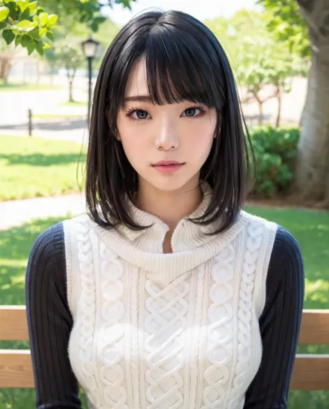 pureerosface_v1:0.3, best quality, photorealistic, 8k, high res, full color, 1girl, woman, 20 years old woman, closed mouth, (skindentation), (portrait:0.6), trees, park bench, daylight, ((park background:1.52)), full color, ((necksweater:1.68)), looking at viewer:1.8, (1girl eyes looking at viewer:1.55), (medium-length hair, blackhair, partedbangs:1.45), (bokeh), <lora:AAV-airi2:0.7>