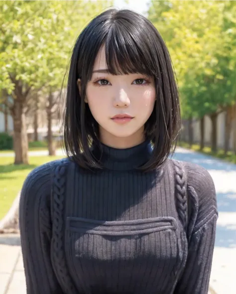 pureerosface_v1:0.3, best quality, photorealistic, 8k, high res, full color, 1girl, woman, 20 years old woman, closed mouth, (skindentation), (portrait:0.6), trees, park bench, daylight, ((park background:1.52)), full color, ((necksweater:1.68)), looking at viewer:1.8, (1girl eyes looking at viewer:1.55), (short-length hair, blackhair, partedbangs:1.45), (bokeh), <lora:AAV-airi2:0.7>