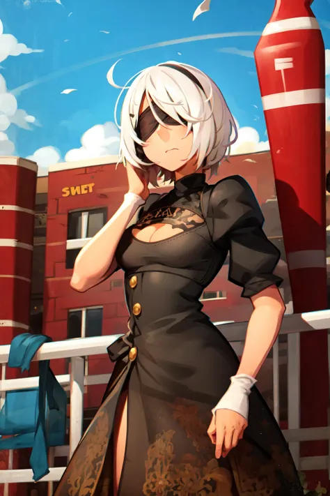 <lora:khyle_style:1>, khyle style, 1girl, <lora:2bNierAutomataLora_v2b:0.5>, yorha no. 2 type b, blindfold, white hair, short hair,