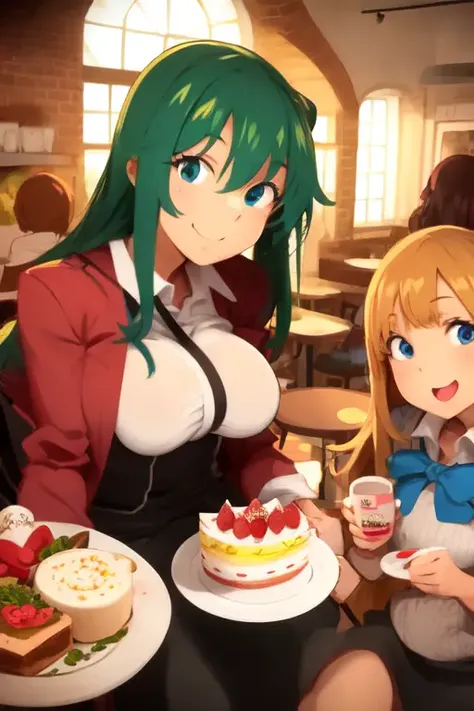 multiple girls, crowd, 3girls, cafe, table, window, chair, plate, cup, cake, eating looking at viewer, breast press, smile