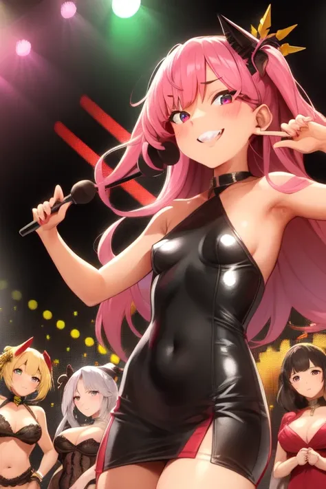 khyle style, 5girls,small breasts,party dress, smile, symmetrical docking,stage, crowd