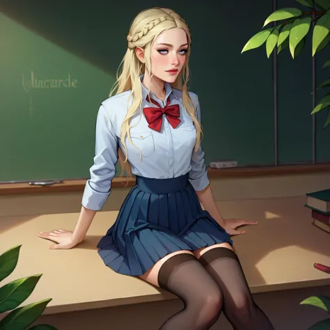 score_9, score_8_up, score_7_up, score_6_up, score_5_up, score_4_up, daenerys targaryen wearing schoolgirl uniform and stockings <lora:DevilHSLycoXL:1>
