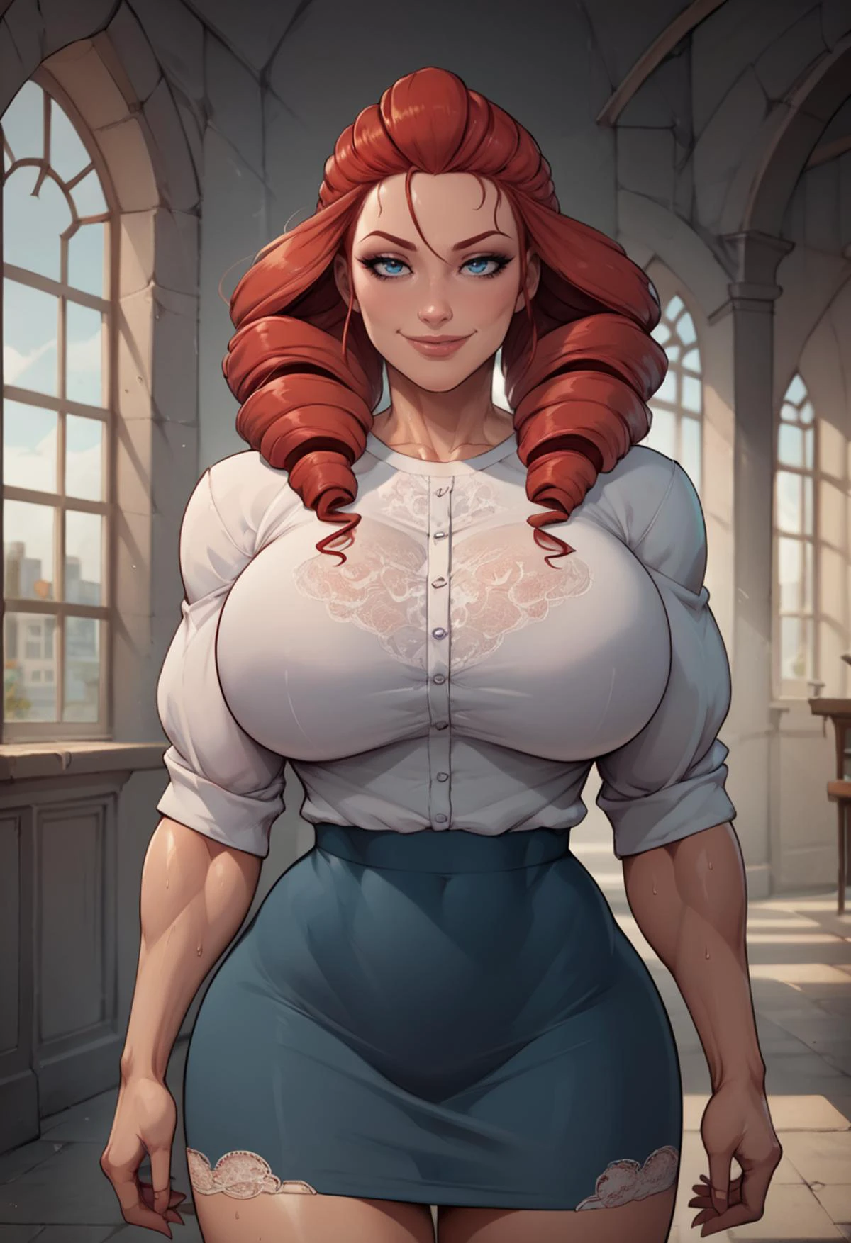 score_9, score_8_up, score_8,1 girl, milf, milf teacher, solo, toned giant female, ((red hair)), ((tall and big girl)), pale skin, massive body, ((twin drills hairstyle)), long hair, wide hips, muscular things, eyelashes, blue eyes, elite school building in the background, horny, insanely aroused, bedroom eyes, big breasts implants, tight clothing, ((lace-up shirt)), short voluminous skirt, round breasts, breasts together, sweating profusely, textured skin, skindentation, expressive, exhausted, looking at viewer, smile
<lora:DevilHSLycoXL:0.8>