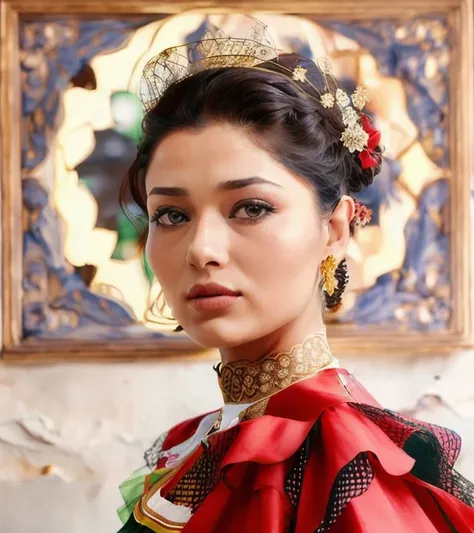 (front view:1.2),(standing portrait:1.5) of (zxzxnurgul:1.2) in (traditional Turkish dress:1.4) <lora:nurgul-000024:0.71>, Photorealistic, Hyperrealistic, Hyperdetailed, analog style, hip cocked, demure, low cut, black lace, detailed skin, matte skin, soft lighting, subsurface scattering, realistic, heavy shadow, masterpiece, best quality, ultra realistic, 8k, golden ratio, Intricate, High Detail, film photography, soft focus