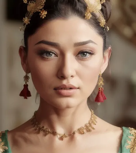 (front view:1.5),(standing portrait:1.4) of (zxzxnurgul:1.2) in (traditional Turkish dress:1.4) <lora:nurgul-000024:0.71>, Photorealistic, Hyperrealistic, Hyperdetailed, analog style, hip cocked, demure, low cut, black lace, detailed skin, matte skin, soft lighting, subsurface scattering, realistic, heavy shadow, masterpiece, best quality, ultra realistic, 8k, golden ratio, Intricate, High Detail, film photography, soft focus