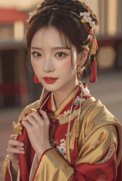 best quality, master piece
<lora:doll19:0.7> face, close_up, portrait_photo,
<lora:xiapei:0.4>red and gold dress, hanfu, Chinese clothes,