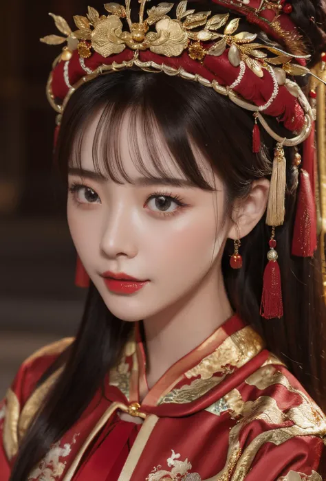 best quality, master piece
<lora:doll19:0.7> face, close_up, portrait_photo,
<lora:xiapei:0.4>red and gold dress, hanfu, Chinese clothes,