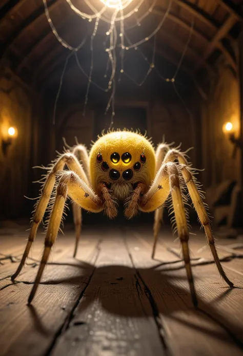 (medium full shot) of (elegant spider) with a yellow armored body, medium size, hairy legs , sparkling web, glowing eyes, located in  a haunted attic, with ghostly shapes, flickering lights, dusty corners, and an ominous ambiance , Masterpiece,best quality, photo, realistic, very aesthetic,