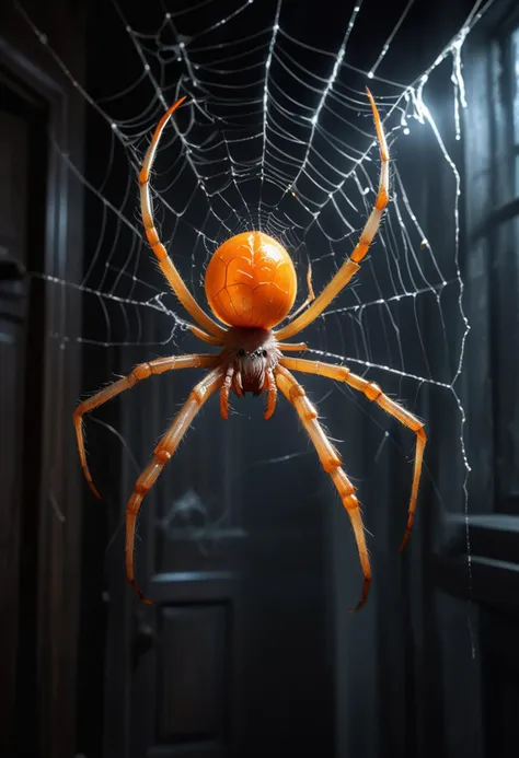 (medium full shot) of (ethereal spider) with a orange glowing exoskeleton, medium size, hairy legs with pointed tips, sticky web, decorative web, located in  a spooky house, with cobweb-covered corners, dark hallways, flickering lights, and a chilling feel, ,Masterpiece,best quality, raw photo, realistic, very aesthetic, dark