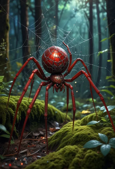 (medium full shot) of (mystical spider) with a red patterned exoskeleton, large size, smooth legs with pointed tips, sparkling web, jeweled abdomen, located in  a vibrant forest, with colorful flora, sparkling webs, lively insects, and a magical glow, at night, Masterpiece,best quality, photo, realistic, very aesthetic,