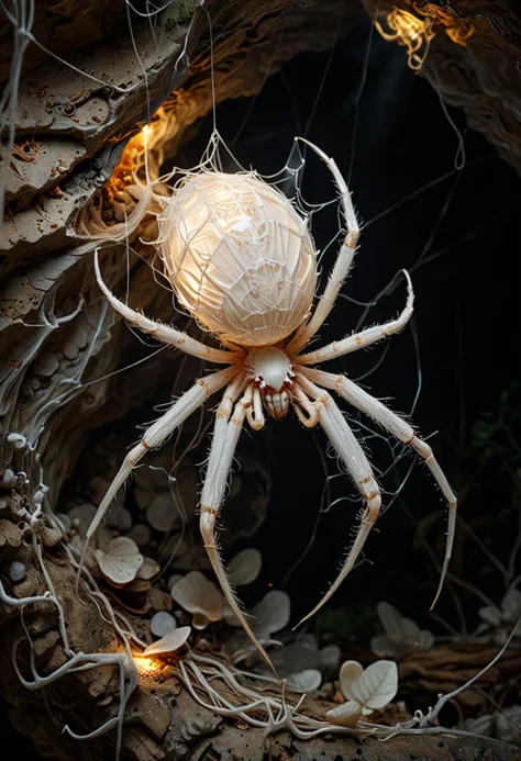 (medium full shot) of (elegant spider) with a white striped body, large size, segmented legs with sharp claws, luminescent web, glowing silk thread, located in  a hidden cave, with secret passages, luminous fungi, and an air of mystery, at night, ,Masterpiece,best quality, photo, realistic, very aesthetic,