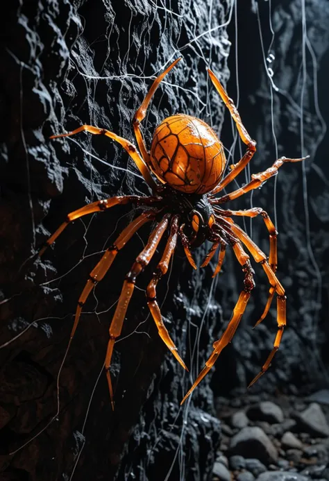 (medium full shot) of (radiant spider) with a orange patterned exoskeleton, small size, glowing legs with sharp claws, sticky web, glowing silk thread, located in  a dark cave, with dripping water, jagged rocks, eerie echoes, and a mysterious ambiance, during twilight, ,Masterpiece,best quality, photo, realistic, very aesthetic