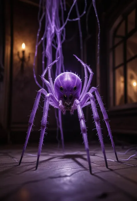 (medium full shot) of (ethereal spider) with a purple camouflaged exoskeleton, small size, striped legs with pointed tips, dense web, glowing silk thread, located in  a haunted house, featuring ghostly apparitions, hidden rooms, creepy decorations, and an unsettling ambiance, at night, Masterpiece,best quality, photo, realistic, very aesthetic,