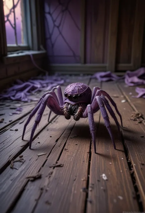 (medium full shot) of (eerie spider) with a purple smooth body, small size, thick legs with pointed tips, sticky web, webbing with intricate patterns, located in  an abandoned attic, with broken windows, creaky floorboards, scattered belongings, and a chilling atmosphere , during twilight, Masterpiece,best quality, photo, realistic, very aesthetic,