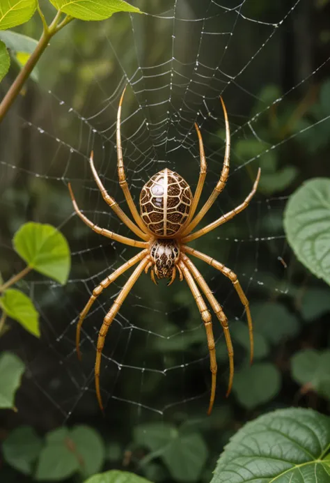 (medium full shot) of (radiant spider) with a gold glossy exoskeleton, medium size, striped legs with pointed tips, minimalist web with geometric patterns, webbing with intricate patterns, located in  an overgrown garden, with thick vines, hidden webs, buzzing insects, and a wild atmosphere, Masterpiece,best quality, photo, realistic, very aesthetic,