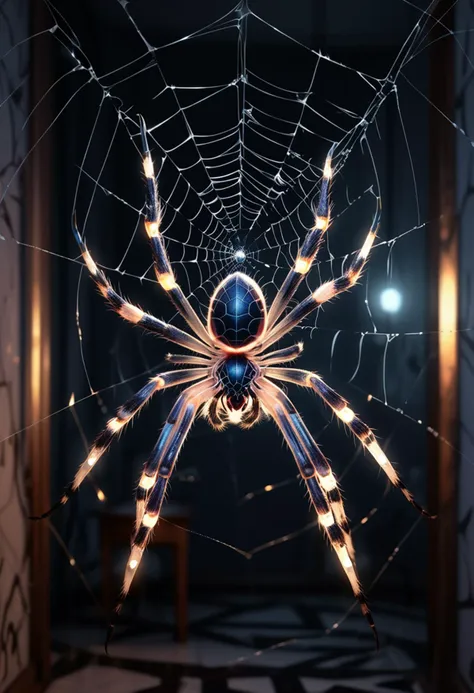 (medium full shot) of (radiant spider) with a white bulky frame with sleek design, medium size, thick legs with sharp claws, glowing web with geometric patterns, jeweled abdomen, located in  a spooky house, with cobweb-covered corners, dark hallways, flickering lights, and a chilling feel, during twilight, ,Masterpiece,best quality, raw photo, realistic, very aesthetic