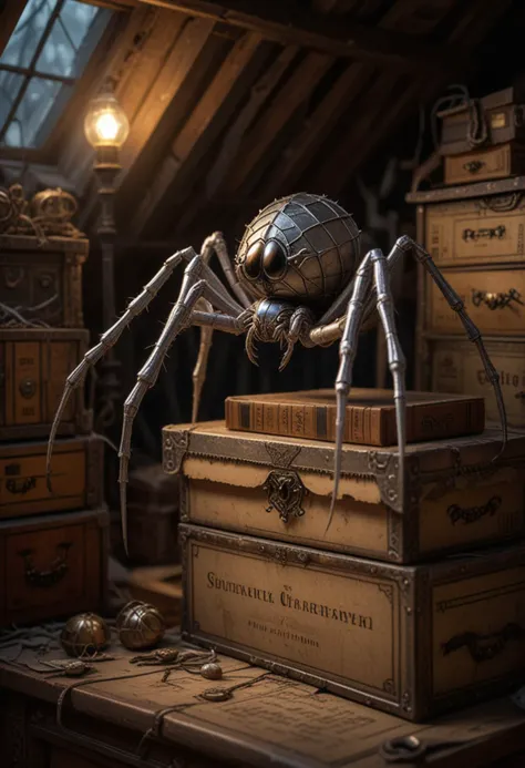 (medium full shot) of (otherworldly spider) with a silver slim frame , large size, segmented legs with sharp claws, metallic web, jeweled abdomen, located in  a cluttered attic, featuring stacked boxes, shadowy nooks, ancient furniture, and a sense of mystery , during twilight, Masterpiece,best quality, photo, realistic, very aesthetic,