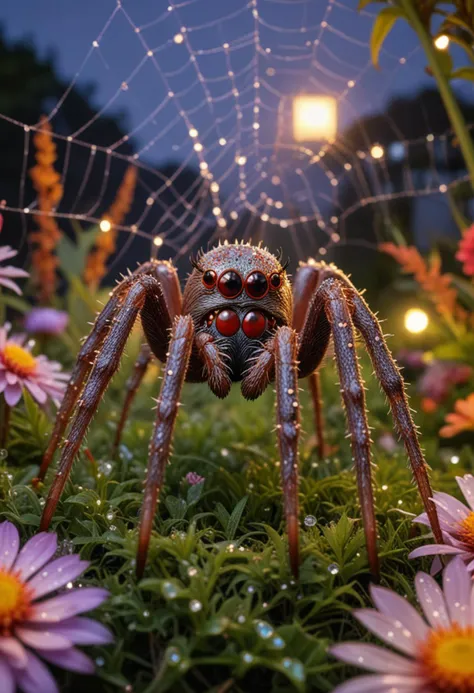 (medium full shot) of (dazzling spider) with a brown bulky frame with sleek design, small size, spiky legs with sharp claws, sticky web, glowing eyes, located in  a lush garden, with blooming flowers, sparkling dew, colorful webs, and a vibrant feel, during twilight, Masterpiece,best quality, photo, realistic, very aesthetic,