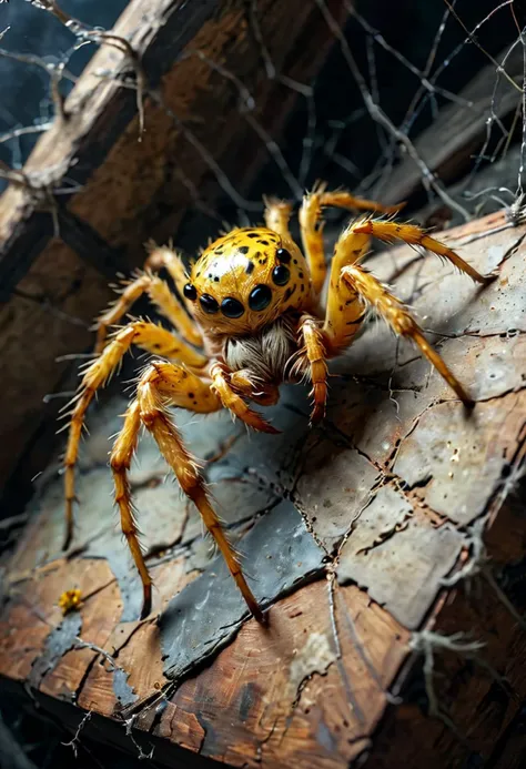 (medium full shot) of (mystical spider) with a yellow spotted body, large size, striped legs with sharp claws, metallic web, decorative web, located in  a hidden attic, with secret compartments, mysterious objects, cobweb-covered items, and an air of intrigue , at night, ,Masterpiece,best quality, photo, realistic, very aesthetic,