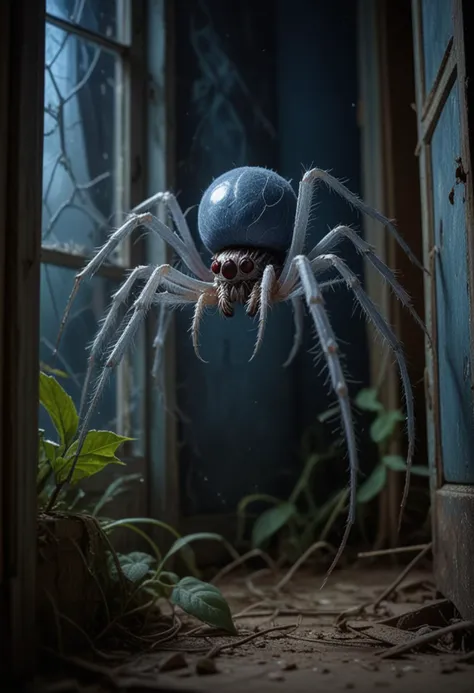 (medium full shot) of (ethereal spider) with a blue smooth body, large size, smooth legs with sharp claws, dense web, glowing eyes, located in  a forgotten house, with overgrown gardens, broken doors, dusty interiors, and a sense of neglect, at night, Masterpiece,best quality, photo, realistic, very aesthetic,