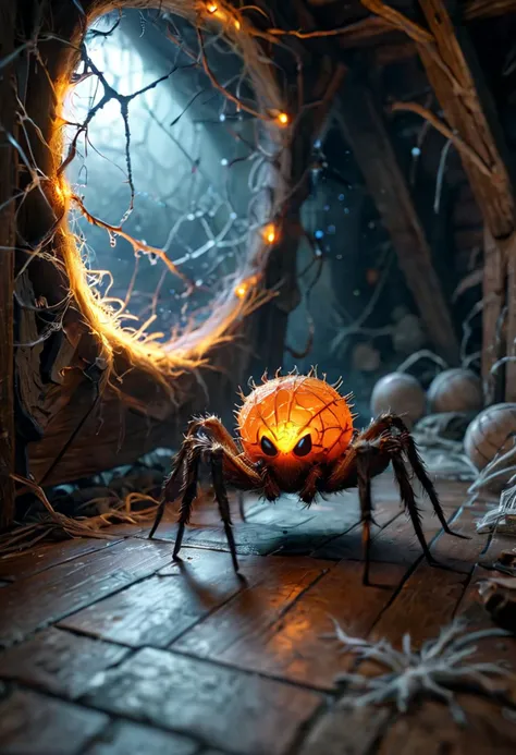 (medium full shot) of (dazzling spider) with a orange bulky frame with sleek design, small size, spiky legs , glowing web , webbing with intricate patterns, located in  a haunted attic, with ghostly shapes, flickering lights, dusty corners, and an ominous ambiance , during twilight, ,Masterpiece,best quality, photo, realistic, very aesthetic,