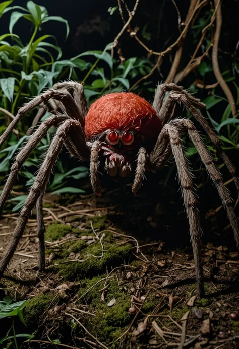 (medium full shot) of (menacing spider) with a red furry abdomen, large size, spotted legs , luminescent web, glowing eyes, located in  a spooky garden, with twisted plants, shadowy corners, eerie webs, and a haunting presence, at night, ,Masterpiece,best quality, photo, realistic, very aesthetic