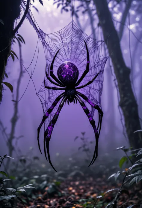 (medium full shot) of (eerie spider) with a purple patterned exoskeleton, large size, smooth legs , glowing web with geometric patterns, decorative web, located in a dense forest, with thick webs hanging from branches, eerie shadows, and a foggy ambiance, during twilight, ,Masterpiece,best quality, raw photo, realistic, very aesthetic