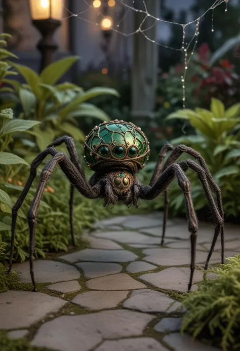 (medium full shot) of (spooky spider) with a green camouflaged exoskeleton, small size, hairy legs with pointed tips, orb web with decorative elements, jeweled abdomen, located in  a tranquil garden, with neatly arranged flora, intricate web designs, gentle breezes, and a peaceful vibe, during twilight, Masterpiece,best quality, photo, realistic, very aesthetic,