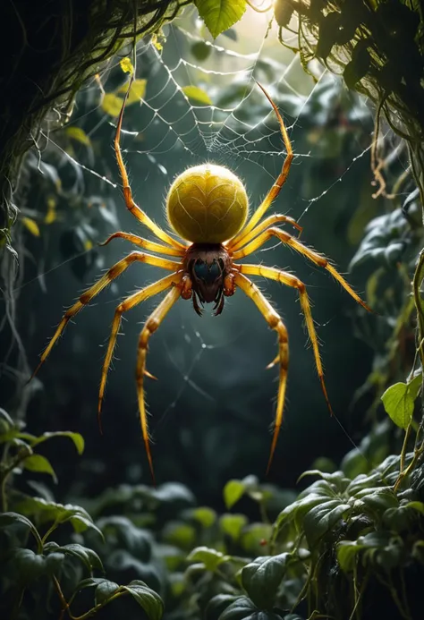 (medium full shot) of (ethereal spider) with a yellow slim frame , large size, hairy legs with sharp claws, sticky web, glowing silk thread, located in  an overgrown garden, with thick vines, hidden webs, buzzing insects, and a wild atmosphere, ,Masterpiece,best quality, raw photo, realistic, very aesthetic, dark