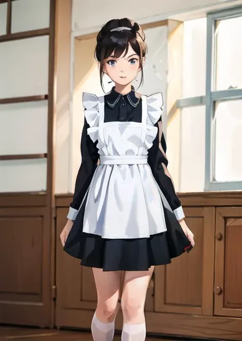 A woman 20 years old,in a Soviet school uniform with a white apron exudes an image of discipline and seriousness. Her uniform consists of a simple dress, often navy blue or black, with a white collar and cuffs. A school badge may be located on the chest. She can wear tall white socks and dressy black shoes. Hair neatly combed or gathered in a bun. A girl in a Soviet school uniform looks modest and old-fashioned, but also carries the spirit of discipline and respect for education, perfect face, ((sovietForm)), <lora:sovietForm:0.75>