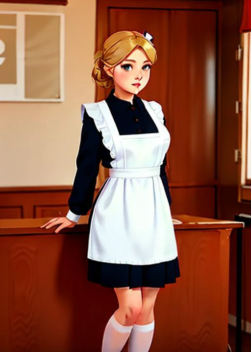 A woman 20 years old,in a Soviet school uniform with a white apron exudes an image of discipline and seriousness. Her uniform consists of a simple dress, often navy blue or black, with a white collar and cuffs. A school badge may be located on the chest. She can wear tall white socks and dressy black shoes. Hair neatly combed or gathered in a bun. A girl in a Soviet school uniform looks modest and old-fashioned, but also carries the spirit of discipline and respect for education, perfect face, ((sovietForm)), <lora:sovietForm:0.75>