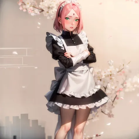 masterpiece, best quality, absurdres, woman in a maid outfit with her (arms crossed), standing in front of a wall, shadow, looking at viewer, sovietform, apron, black_dress, dress, enmaided, maid, maid_apron, maid_headdress, puffy lips, short_sleeves, white_apron, white_legwear, sexy, seductive, (blush:0.8), <lora:sovietForm:0.4>,  <lora:Sakura[Boruto]V2:0.6>, haruno sakura, side bangs, forehead mark, pink medium hair, green eyes
