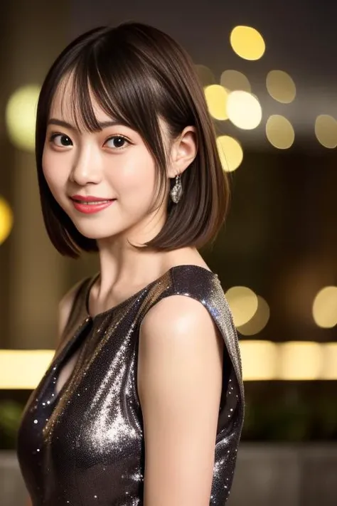 1girl,(wearing a sleeveless glittery evening dress:1.2),(RAW photo, best quality), (realistic, photo-realistic:1.4), masterpiece, an extremely delicate and beautiful, extremely detailed, 2k wallpaper, Amazing, finely detail, extremely detailed CG unity 8k wallpaper, ultra-detailed, highres, soft light, beautiful detailed girl, extremely detailed eyes and face, beautiful detailed nose, beautiful detailed eyes,cinematic lighting,city lights at night,perfect anatomy,slender body,smiling ,short hair<lora:hashimotomomoko_lora:0.8>