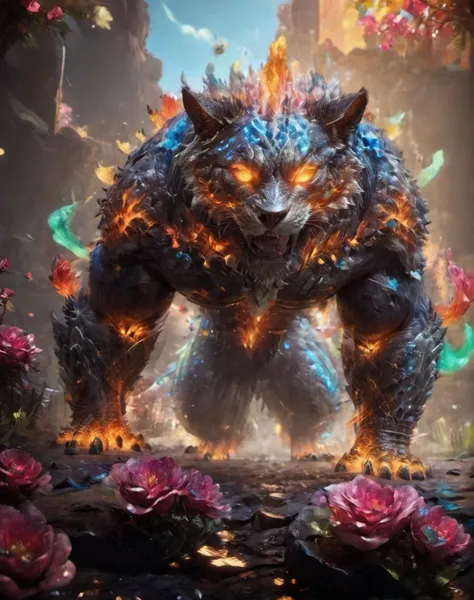 rainbowdreamxl,close up portrait of a fearsome giant god in the rocky landscape,apex animal,godlike,majestic,fractal particles,dissolving,aesthetic as fk,magical effects,armor parts,epic,trending on artstation,awardwinning,bokeh,cinematic,private press <lora:rainbowdreamxl-000004:1.2>