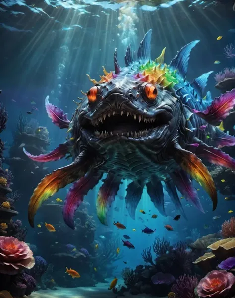 rainbowdreamxl,close up of a rainbow leviethan deep sea polution monster chilling underwater,epic,trending on artstation,awardwinning,bokeh,cinematic,private press,art by beeple and ((h.r giger,joji shinkawa consruct)) <lora:rainbowdreamxl-000004:0.6>