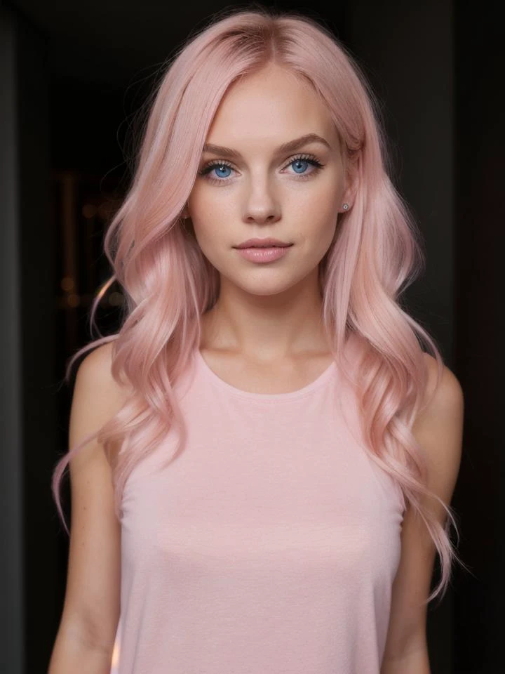 super cute pink blond woman in a dark theme,