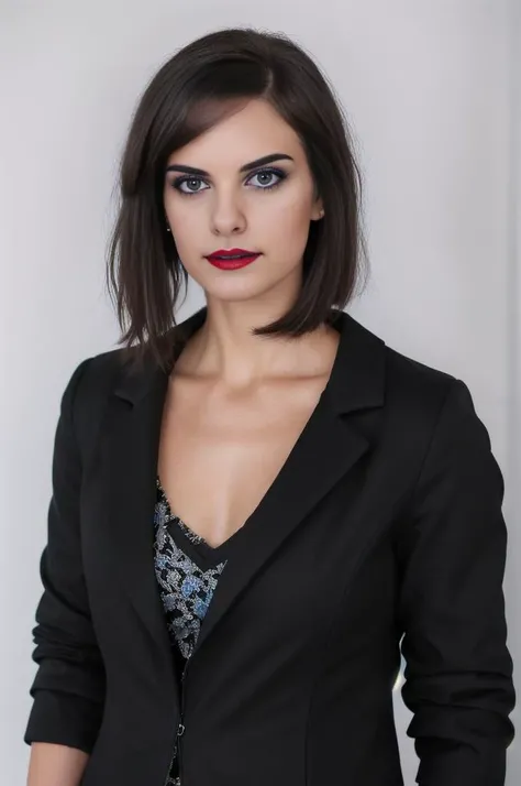 a woman with a black jacket and a blue shirt and a black jacket and a black jacket and a black jacket,raw photo,8k,realistic skin details,realistic hair details,makeup,eyeliner,lipstick,(freckles:0.3),red lips:1,eyeliner:0.9,