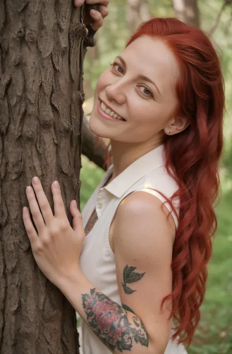 a woman with red hair and tattoos leaning against a tree trunk with her hands on the tree trunk and smilingraw photo,8k uhd,dslr,soft lighting,high quality,film grain,Hyperrealismus hyperrealistic,