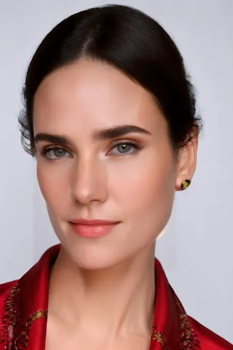 <lora:Jcon-000012:0.7> Jcon a woman, Build a magnificent, ultra-detailed masterpiece, Red Satin Robe with Lace Trim, Slim, Oval Face, Fair Skin, Short Nose, Plump Lips, Pointed Chin, Gold cream lipstick, earrings, white Silky Hair Medium-Length Hair Curls, leaning backwards, crawling, RAW candid cinema, 16mm, color graded portra 400 film, remarkable color, ultra realistic, textured skin, remarkable detailed pupils, realistic dull skin noise, visible skin detail, skin fuzz, dry skin, shot with cinematic camera