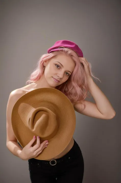 a woman with pink hair and a hat on her head is posing for a picture with her hat on her shoulder,portrait photography,a character portrait,american barbizon school,