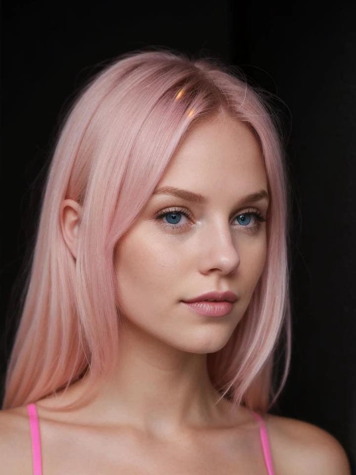 super cute pink blond woman in a dark theme,