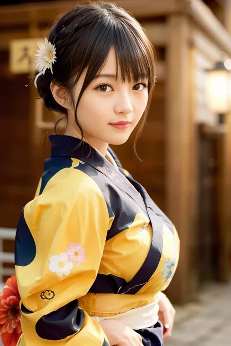 (skin blemish:0.8), (skindentation), black eye, 1woman, 25yo, (((woman))), solo, realistic, best quality, photorealistic, masterpiece, 8k, high res, solo, extremely detailed face, (professional lighting, bokeh), (light particles, lens flare, glowing particles:0.6), (dynamic pose:1.2), soft lighting, top angle view, fashionable and trendy atmosphere, japan, street, tokyo, city, sakura, matsuri, lantern,  ((nighttime:1.5)), sky, ((firework)), ((looking at the viewer:1)), (looking at the camera),(portrait:0.6), gorgeous, standing, walking, keep original facial proportion, wide shoulder, full body, (medium breast), (medium hair), brown hair, floating hair, hair bun, lips, lipstick, seductive smile, floating hair, smile, open_mouth, teeth, (yellow pattern kimono), ((yukata:1.2)), orange obi,  (japanese traditional clothes), traditional kimono, eyelashes, mole, (mole under eye:1),   <lora:IkutaE:0.8>