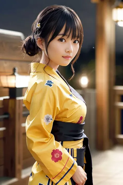 (skin blemish:0.8), (skindentation), black eye, 1woman, 25yo, (((woman))), solo, realistic, best quality, photorealistic, masterpiece, 8k, high res, solo, extremely detailed face, (professional lighting, bokeh), (light particles, lens flare, glowing particles:0.6), (dynamic pose:1.2), soft lighting, top angle view, fashionable and trendy atmosphere, japan, street, tokyo, city, sakura, matsuri, lantern, ((nighttime:1.5)), sky, ((firework)), ((looking at the viewer:1)), (looking at the camera),(portrait:0.6), gorgeous, standing, walking, keep original facial proportion, wide shoulder, full body, (medium breast), (medium hair), brown hair, floating hair, hair bun, lips, lipstick, seductive smile, floating hair, smile, open_mouth, teeth, (yellow pattern kimono), ((yukata:1.2)), orange obi, (japanese traditional clothes), traditional kimono, eyelashes, mole, (mole under eye:1), <lora:IkutaE:0.8>