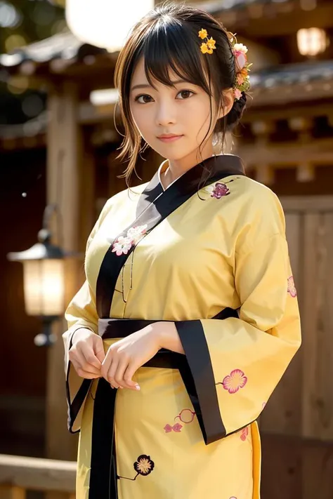 (skin blemish:0.8), (skindentation), black eye, 1woman, 25yo, (((woman))), solo, realistic, best quality, photorealistic, masterpiece, 8k, high res, solo, extremely detailed face, (professional lighting, bokeh), (light particles, lens flare, glowing particles:0.6), (dynamic pose:1.2), soft lighting, top angle view, fashionable and trendy atmosphere, japan, street, tokyo, city, sakura, matsuri, lantern, ((nighttime:1.5)), sky, ((firework)), ((looking at the viewer:1)), (looking at the camera),(portrait:0.6), gorgeous, standing, walking, keep original facial proportion, wide shoulder, full body, (medium breast), (medium hair), brown hair, floating hair, hair bun, lips, lipstick, seductive smile, floating hair, smile, open_mouth, teeth, (yellow pattern kimono), ((yukata:1.2)), orange obi, (japanese traditional clothes), traditional kimono, eyelashes, mole, (mole under eye:1), <lora:IkutaE:0.8>