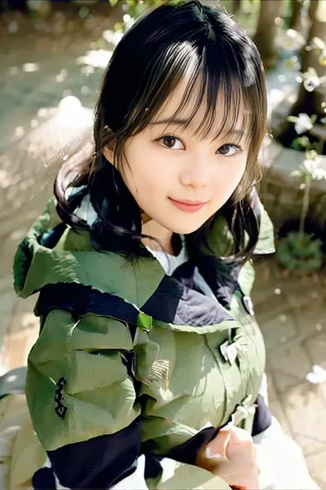 ikuta_erika, japanese, 1girl, coat, hood, jacket, ((duffle coat)), down jacket, lips, lipstick, plaid, plaid_skirt, realistic, skirt, solo, standing, best quality, photorealistic, masterpiece, 8k, high res, solo, (((woman))), (medium breast), ((looking at the viewer)), (looking at the camera), (short hair), (professional lighting, bokeh),top angle view, extremely detailed face, fashionable and trendy atmosphere, japan, street, park, river, pool, fourtain, sakura, sakura blossom, ((daytime)), (portrait:0.6), seductive smile, gorgeous, floating hair, (light particles, lens flare, glowing particles:0.6), (dynamic pose:1.2), soft lighting, brown hair, full body, square face, mature face, smile, teeth, camera, obvious mole_under_eye, skin blemishes, cheekbone, teeth <lora:IkutaE:1.2>