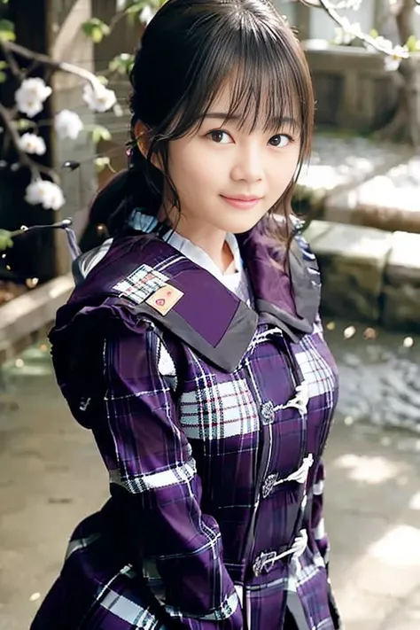 ikuta_erika, japanese, 1girl, coat, hood, jacket, ((duffle coat)), down jacket, lips, lipstick, plaid, plaid_skirt, realistic, skirt, solo, standing, best quality, photorealistic, masterpiece, 8k, high res, solo, (((woman))), (medium breast), ((looking at the viewer)), (looking at the camera), (short hair), (professional lighting, bokeh),top angle view, extremely detailed face, fashionable and trendy atmosphere, japan, street, park, river, pool, fourtain, sakura, sakura blossom, ((daytime)), (portrait:0.6), seductive smile, gorgeous, floating hair, (light particles, lens flare, glowing particles:0.6), (dynamic pose:1.2), soft lighting, brown hair, full body, square face, mature face, smile, teeth, camera, obvious mole_under_eye, skin blemishes, cheekbone, teeth <lora:IkutaE:1.1>