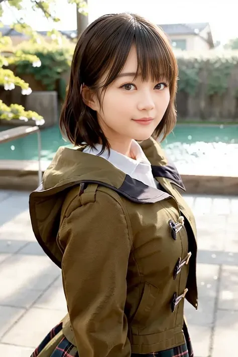 ikuta_erika, japanese, 1girl, coat, hood, jacket, ((duffle coat)), down jacket, lips, lipstick, plaid, plaid_skirt, realistic, skirt, solo, standing, best quality, photorealistic, masterpiece, 8k, high res, solo, (((woman))), (medium breast), ((looking at the viewer)), (looking at the camera), (short hair), (professional lighting, bokeh),top angle view, extremely detailed face, fashionable and trendy atmosphere, japan, street, park, river, pool, fourtain, sakura, sakura blossom, ((daytime)), (portrait:0.6), seductive smile, gorgeous, floating hair, (light particles, lens flare, glowing particles:0.6), (dynamic pose:1.2), soft lighting, brown hair, full body, square face, mature face, smile, teeth, camera, obvious mole_under_eye, skin blemishes, cheekbone <lora:IkutaE:0.9>
